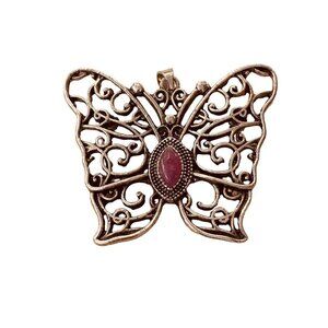 Silvertone Butterfly Pendant Brooch Purple Jewel 1.5" Filigree Style